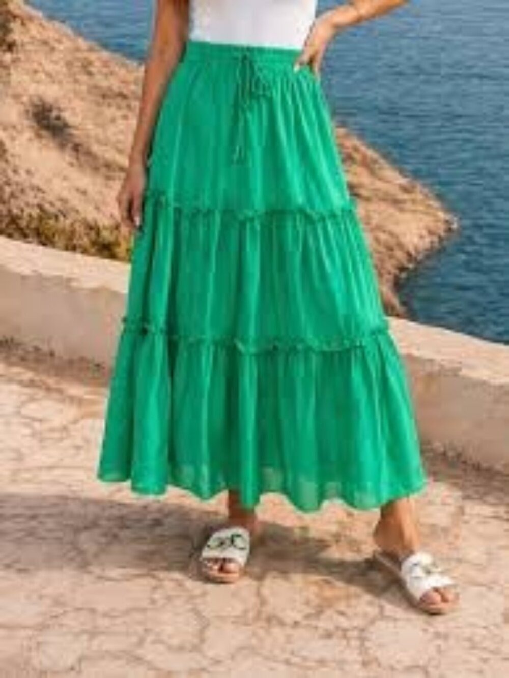 HYFVE Skirt Tiered Maxi Kelly Green Boho Elastic Waist Anthropologie S